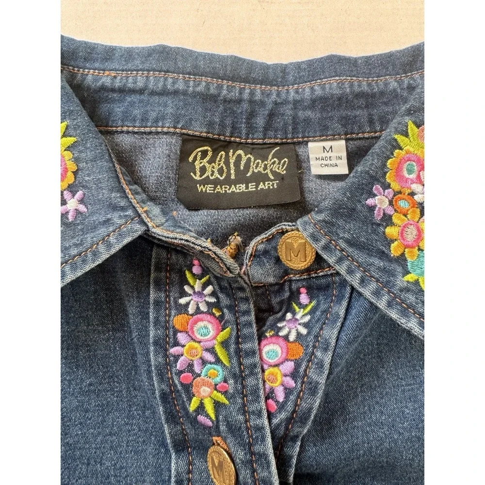 VTG Y2K Bob Mackie Wearable Art Embroidered Maypole Denim Button Down‎ Sz Medium
